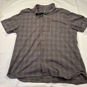 WOOLRICH SHORT SLEEVE SHIRT GRAY BROWN PLAID WOVEN COTTON MENS SIZE‎ XL